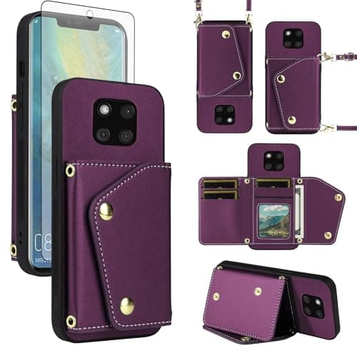 Image of ELISORLI Wallet Case for Huawei Mate 20 Pro with Screen Protector Slim Flip Purse Shoulder Strap Luxury PU Leather Card Holder Stand Phone Cover for Hawaii Mate20Pro Mate20 20Pro Women Men Deep Purple