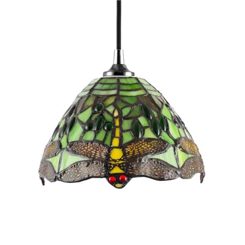 Image of Traditional Dragonfly Themed Green Stained Glass Tiffany Pendant Lighting Shade with Coloured Beads | 20cm x 14cm | 40w Maximum by Happy Homewares