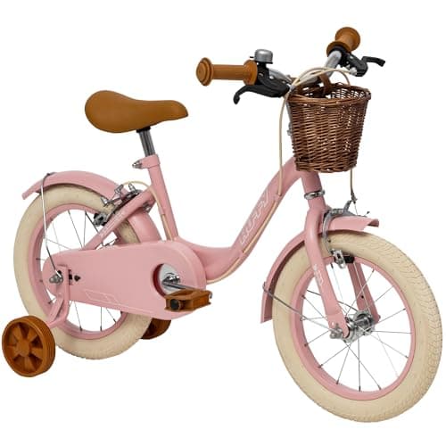 Image of Vintage 14 Inch Childrens Bike, Dusted Pink Matte Retro Bicycle with Stabilisers, Adjustable Seat, Front and Rear Brakes, Classic Cruiser Style for Ages 4 to 6