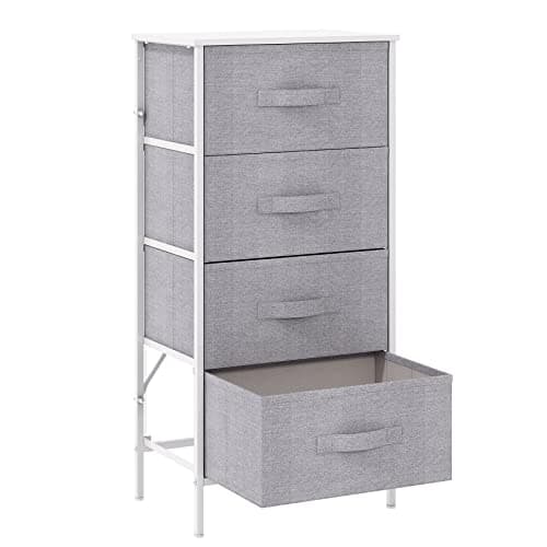 Image of KU Syang Dresser with 4 Drawers - Fabric Chest of Drawers with Large Storage Space, Modern Tall Tower Unit Storage Organiser for Living Room/Bedroom, Wooden Top and Metal Frame (White/Grey)