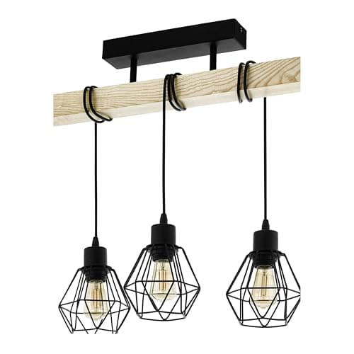 Image of Eglo Ceiling Light Fitting Townshend 5, 3-Light Vintage Pendant Lighting, Industrial Hanging lamp for Living Room, Black Metal and Natural Wood, FSC, E27 Socket