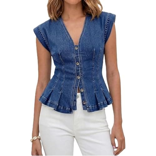 Image of Womens V Neck Denim Vests Tops Sleeveless Button Down Slim Fit Pleated Ruffle Hem Y2k Jean Peplum Cap Sleeve Shirt (Blue,M)