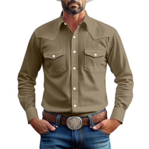 Image of Men's Two Pocket Long Sleeve Button Work Shirt Vintage Solid Color Lapel Shirt Slim Fit Men's Casual Shirts Cowboy Cut Western Style Coffee