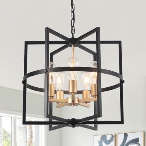 Image of Febeleven 5-Lights Black and Gold Pendant Ceiling Light, Industrial Metal Pendant Light Fitting Chandeliers Hight Adjustable Lighting for Living Room, Kitchen, Bedroom, Dining Room