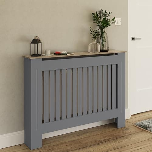 Image of GFW Longslow Medium Grey Radiator Cover Slatted Wood Design Top Shelf Display Living