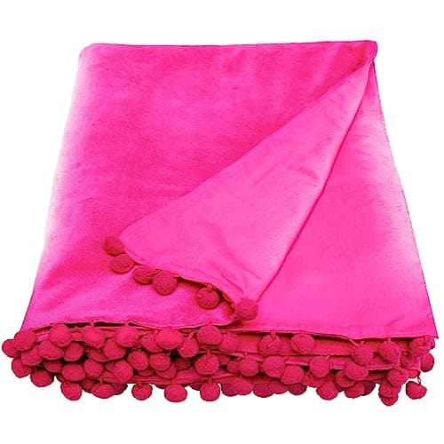 Image of Ragged Rose 140 cm x 180 cm Throw Blanket - Pom Pom Throw Made of Cotton Velvet with Pompom Trims on Sides - Versatile Cotton Velvet Blanket for Sofa & Bed