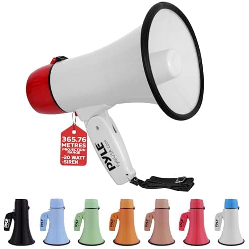 Image of Pyle Rechargeable Megaphone Speaker with Siren, Bullhorn 20W with Loud Speaker, For Music, Whistle and Record Cheer Megaphones, For Soccer Coach and Football Game Day Essentials, White & Red