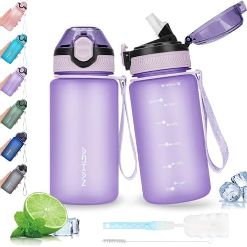 Image of AOHAN 600ML Water Bottle with Leak Proof Flip Top Lid, BPA Free Sport Drinking Bottle with Straw, Dishwasher Safe Water Bottle Non-Toxic Water Jug with Carrying Strap