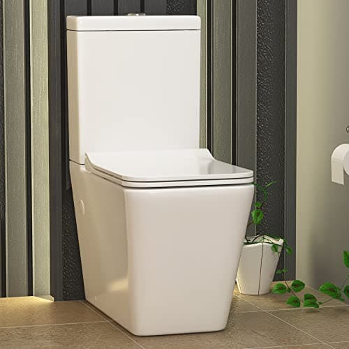 Image of Modern Bathroom Close Coupled Toilet Square Pan Gloss Rimless White Ceramic with Dual Flush Cistern & Slim Soft Close Quick Release Seat - Elena