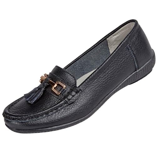 Image of Ladies Nautical Wide FIT Leather Smart Loafer Tassel Moccasin Flat Slip On Comfort Shoe Size 4-8 (UK 5/ EU 38, Black)