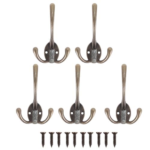 Image of DUZEPA 5PCS Wall Hooks, Retro Heavy Duty Triple Hooks for Coat Jacket Hat Bag Robe Towel Scarf Keys Cup (Vintage Bronze)