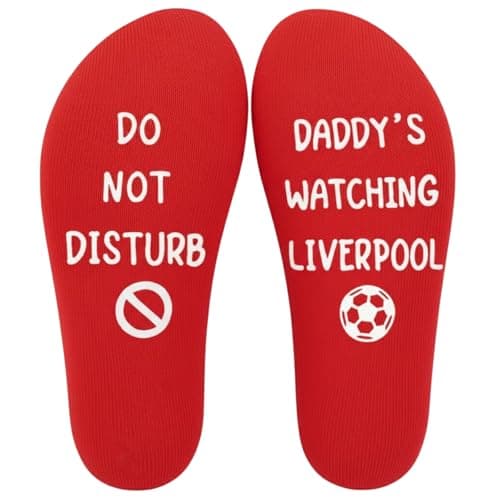 Image of JULI Daddy's Watching Liverpool Socks, Funny Do Not Disturb Socks for Men, Personalised Gift for Dad, Husband, Football Fan Novelty Socks for Birthday, Father's Day (Red)