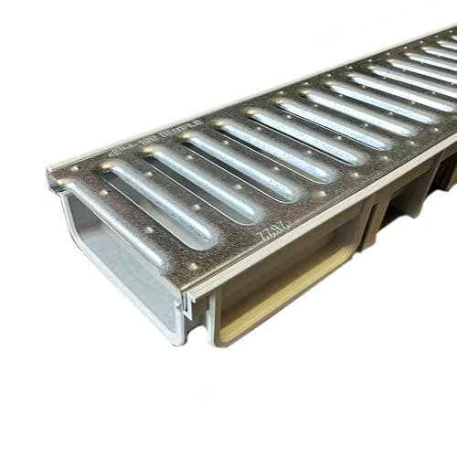 Image of 1 x Light Grey channel with galvanised Steel Grate Ultra Low Profile Shallow Flow Drain Plastic Grating 50mm Deep x 1m Length x 125mm Width Drainage Channel suitable for Garden Patios and Driveways