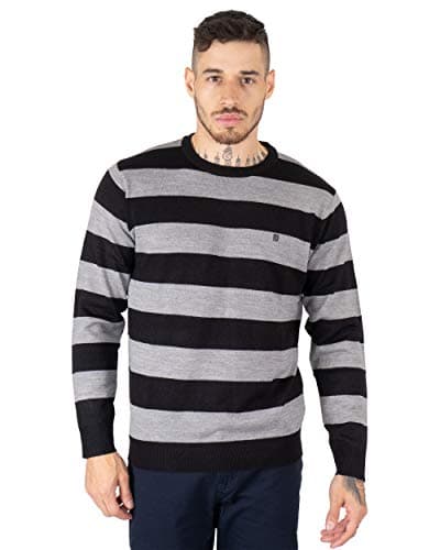 Image of NOROZE Men's Jumper Striped Knitted Crew Neck Long Sleeve Sweater Knit Pullover Sweatshirt (S, Black/Grey)