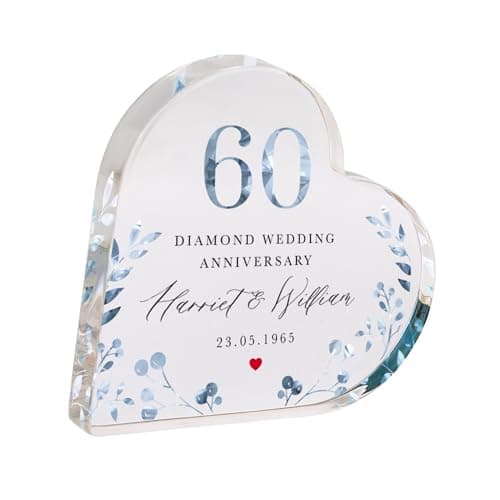 Image of Pomchick - Personalised 60th Wedding Anniversary Diamond Anniversary Heart-Shaped Acrylic Plaque Custom Keepsake Names & Date Elegant Blue Floral Gift