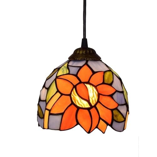 Image of Tiffany Style 6 Inch Stained Glass Pendant Light Blue Sunflower Hanging Ceiling Lamp Vintage Kitchen Island Dining Room Bedroom Hallway Decor