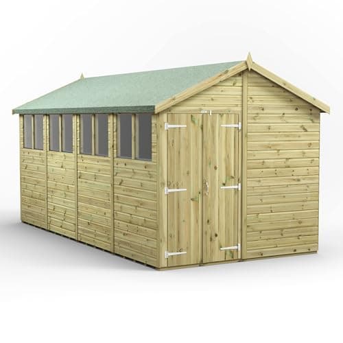 Image of Powersheds High Grade Premium Pressure Treated Apex Double Door Shed Garden Wooden Shed with Heavy Duty Frame, Door & Window Flexibility made from Extra Thick Timber & Toughened Glass (16x8)