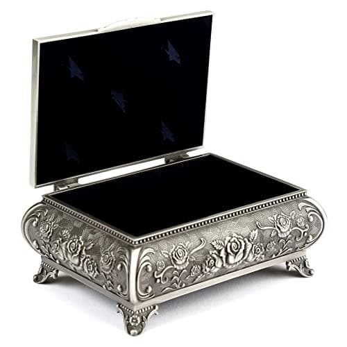 Image of H&S Antique Metal Ring Necklace Jewellery Trinket Display Storage Vintage Box – 3 Rose Top – Metal Jewellery Box