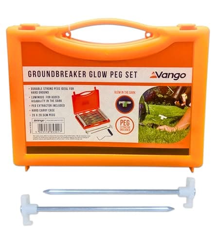 Image of Vango Groundbreaker Heavy Duty Tent Pegs - 20.5cm x 20 Pack Galvanised Steel Glow in the Dark Pegs for Outdoor and Camping with Storage Case and Peg Remover