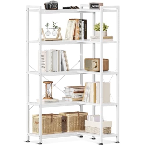 Image of Coleshome 5-Tier Corner Bookshelf, 5-Shelf L Shaped Corner Bookcase, Tall Bookshelves Storage Display Cabinets for Living Room Home Office, Bedroom, White, 72.8 x 65.3 x 145.5