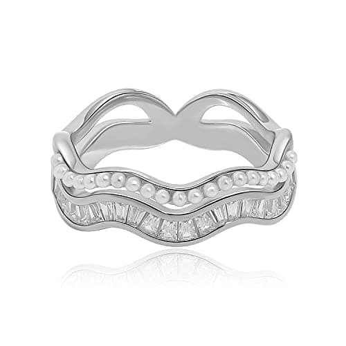 Image of Meissa 925 Sterling Silver Stacking Ring for Women Gold Stackable Ring Handmade Pearl Diamond Ring Friendship Rings (Silver, K)