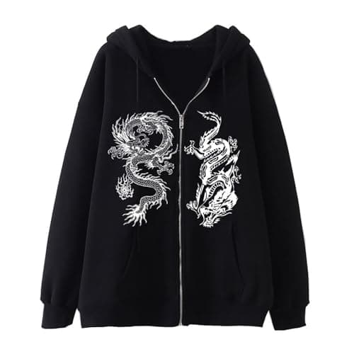 Image of Hoodies for Men Men Zip Up Oversized Hoodie Gothic Graphic Old Baggy Fleece Jacket 90s Punk Streetwear (Black, XXL)