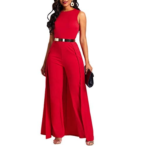 Image of VERWIN Patchwork Overlay Embellished Plain Women's Jumpsuit High-Waist Woman Romper Red L