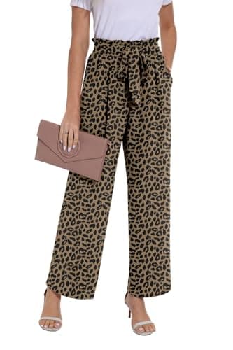 Image of PrinStory Trousers for Women UK Elasticated Waist Lightweight Summer Pants Causal Wide Leg Palazzo Trousers Beach Work (Leopard Print Khaki, XXL)