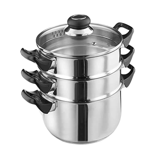 Image of LEWIS'S Induction Steamer Pans 3-Tier with Glass Lid, Silicone Handles, Stainless Steel, Steamer Cooking, Polished Mirror Finish (Silver, 18cm)