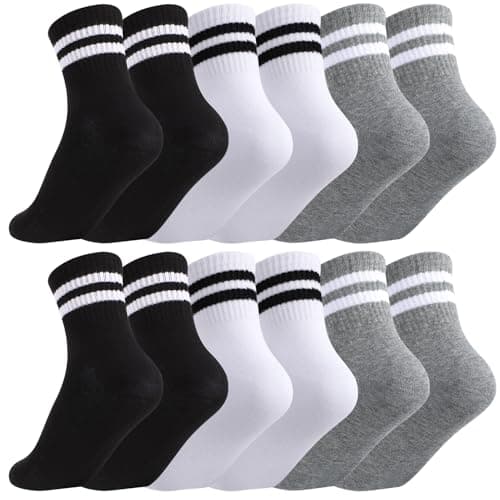 Image of Zuimei 6 Pairs Boys Girls Socks Kids Sport Crew Socks Junior Cotton School Sports Sock, Striped Stretchy Athletic Sock for Girls and Boys 6-12 Years, Black/White/Grey Stripes