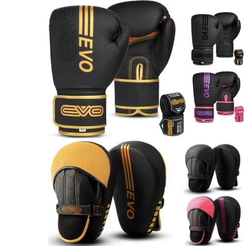 Image of EVO Fitness Matte Black Boxing Gloves and Pads Set Punching Focus Mitts Hook and Jab Hand Target Strike Shield Training Sparring MMA Martial Arts Muay Thai Kickboxing Karate Men Women (12 OZ, Golden)