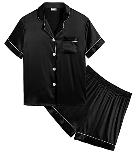 Image of SWOMOG Girls Silk Pyjamas Short Sleeve Sleepwear Kids 2Pcs Satin Button-Down PJ Sets Nightwear Black 12-13 Years