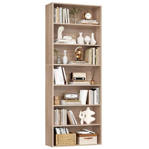 Image of FirFurd Bookcase 7 Tiers Bookshelf 209.5cm Tall Living Room Bookcases Free Standing Display Shelf Oak Shelving Unit for Home Office 60x23.5x209.5cm