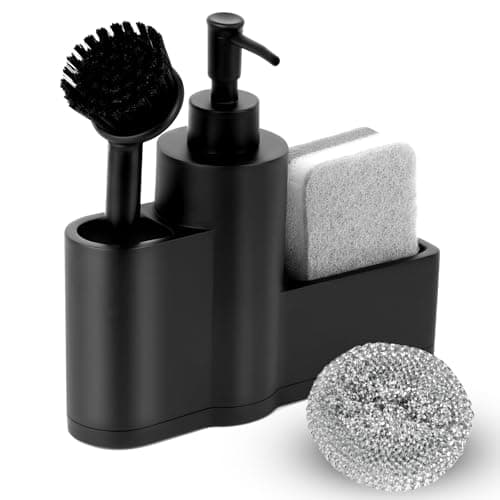 Image of Haisheng 1 Set Kitchen Soap Dispenser, Matte Black Sink Organiser with Sponge, Brush, Stainless Steel Scrubber Set for Sink Caddy, 200ML Soap Dispenser Pump for Kitchen and Bathroom