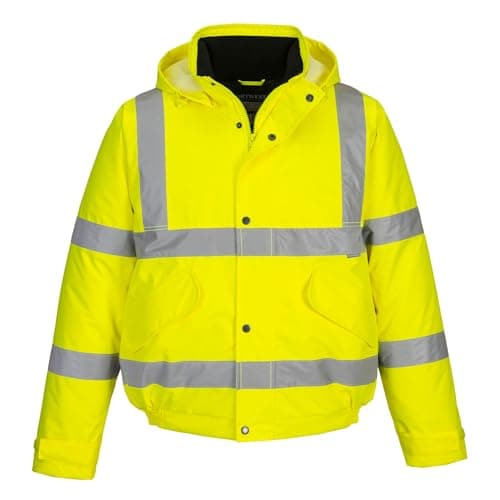 Image of Portwest S463 Mens Hi Vis Winter Bomber Jacket Waterproof Windproof Mens Winter Workwear Padded Pack Away Hood Reflective Tape Cold Weather Coat, Yellow, L