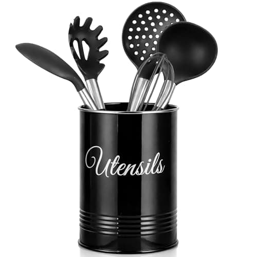 Image of Innoteck Metal Utensil Holder, Rust-Proof Cutlery Organiser Pot for Countertop Storage of Spoons, Spatulas, Knives, Forks & Cooking Tools – Farmhouse Style Black