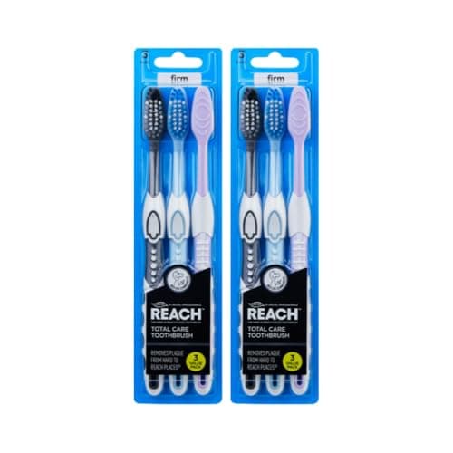 Image of REACH Total Care Firm Toothbrush ––2 x 3 Pack(6 Brushes), Compact Head with V-Trim Bristles, Tongue Cleaner & Non-Slip Grip, Removes Plaque, Gentle on Sensitive Teeth, Cruelty-Free, Daily Dental Care