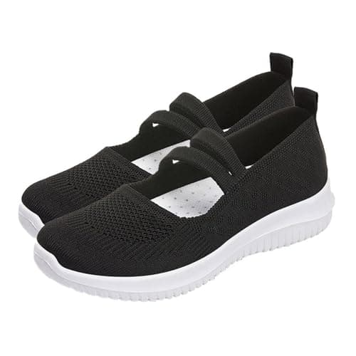 Image of UK 4 Women's Knit Mary Jane Sneakers Trainers Arch Support Memory Foam Flats Walking Work Shoes A0_Clearance Black