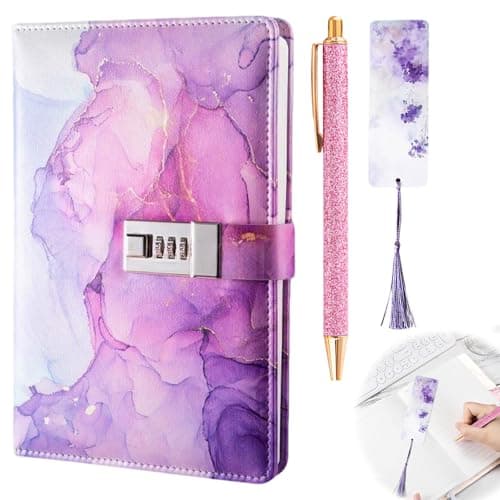 Image of Secret Diary with Lock for Girls,Gifts for Girls 7 8 9 10 11 12 13 14 Year Old，Purple UV Leather Journal with Lock Kids Password Journal Notebook Kit with Pen Bookmark for Back to School Birthday Fest