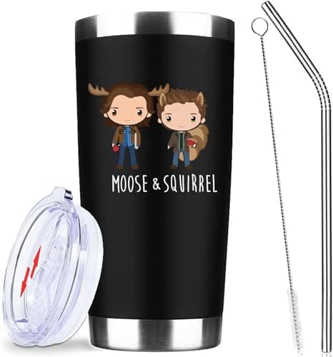 Image of ATHAND Supernatural Merchandise Gifts Sam & Dean Moose & Squirrel Insulated Tumbler Cups Coffee Wine Mug With Lid Straw 20 OZ - Gifts Ideas for TV Show Fan,Friends, Family and Your Soul Mates (Black)