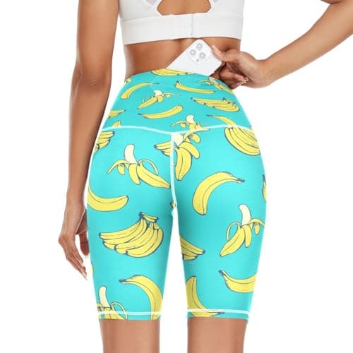 Image of HMZXZ Women's High Waist Yoga Shorts, Tropical Fruit Banana Pattern Workout Sport Running Shorts Cycling Gym Shorts Yoga Leggings for Women Girls Yellow Blue