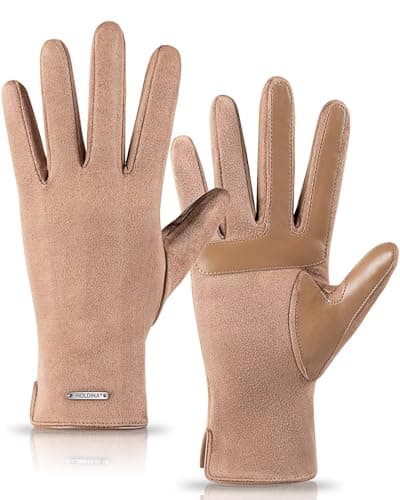 Image of HOLDINA Gloves Women Touch Screen Fingers, Womens Gloves Winter with Anti-Slip Leather, Ladies Gloves Fleece Lined Fashion Cute Gloves for Women(Khaki,L)
