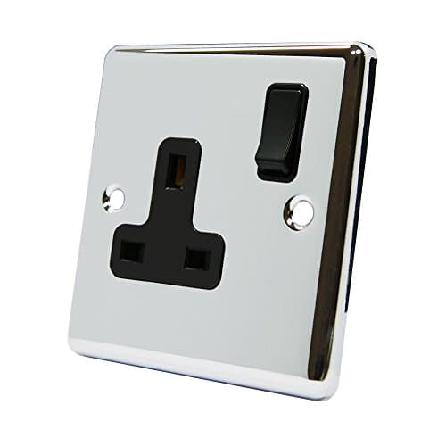 Image of AET CPC1GSOCBL 13 A 1-Gang Polished Chrome Classical Single Plug Socket with Insert Plastic Rocker Switch