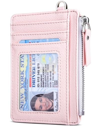 Image of Teskyer Slim Card Holder with Zip Pocket, Women RFID Blocking Minimalist Wallet with Gift Box - 8 Card Slots & 1 Pocket, Light Pink