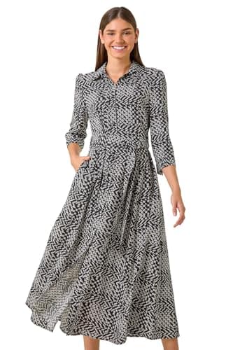 Image of Roman Originals Shirt Dress for Women UK- Ladies Long Sleeve Belted Collared Midi Maxi Winter Autumn Smart Casual Button Through Evening Office A Line Swing Skater - Black Ivory - Size 18