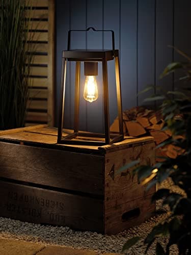 Image of Auraglow Solar & USB Rechargeable Outdoor Garden Lantern with Vintage LED Filament Light Bulb, Cordless Table Lamp