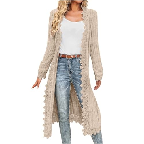 Image of Women's Long Cardigan Open Front Long Sleeve Cardigans Lace Trim Knit Sweater Jumper Cardigan V Neck Ribbed Knit Lightweight Outerwear Plus Size Ladies Coat Autumn Winter Jackets Streetwear Beige