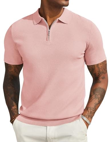 Image of COOFANDY Mens Golf Polo Shirts Short Sleeve Casual Knit Men's Polo Shirt UK Golf T-Shirt for Men Adult Pink M