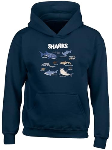 Image of Shopagift Sharks of the World Collection Sea Ocean Fish Kids Hoodie Hoody Hooded Top Boys Girls Navy Blue