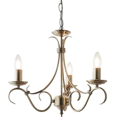 Image of National Lighting Brandon Decorative 3 Way Scrolled Arms Antique Brass Branch Arm E14 LED Compatible Pendant Ceiling Light